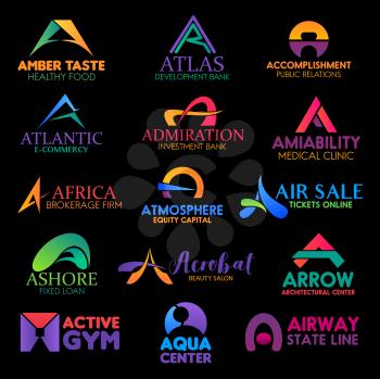 A icons and symbols of sport, industry and technology company. Vector corporate identity letter A signs of public relations agency, air tickets office or gym club and brokerage firm, investment bank