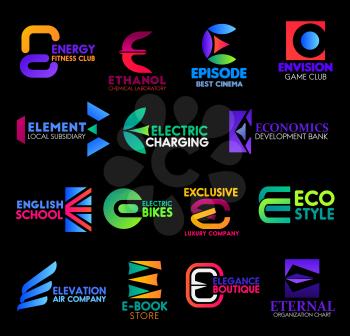 E letter, corporate icons and business company signs. Vector E icons of energy fitness and sport club, chemical laboratory and cinema theater or game club, English school and e-book store application