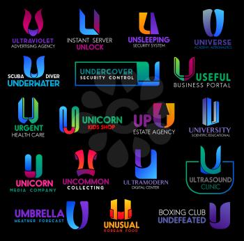 U letter icons and corporate identity or business company signs. Vector ultraviolet U signs of advertising agency, security control service or university and real estate group or boxing sport club