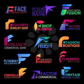 Corporate identity F letter icons of cosmetology and skincare salon, commercial bank and athletic sport or gym club. Vector F medical clinic, science center and flowers shop or fashion boutique