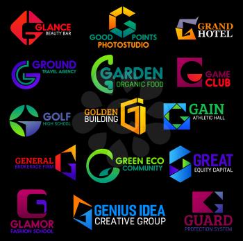 Corporate identity G icons, hotel, food or sport symbols. Vector letter G creative design group, travel agency or eco community project and guard protection system technology or gym fitness club