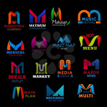 M letter icons for business. Marketing and maximum, makeup and music, medical and modern, mind map and menu, mega and market. Media and major, main and mechanic, multi badges vector isolated
