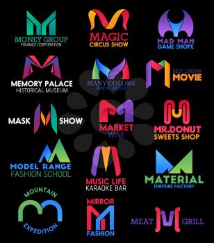 Corporate identity letter M icons, finance corporation, fashion school and karaoke bar signs. Vector M of photo center, donut sweets shop, meat grill cafe or restaurant and travel expedition club