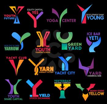 Corporate identity and brand or company name letter Y icons and signs. Vector Y of yacht sport club, creative design studio or commercial bank and yoga fitness center, business stock exchange market