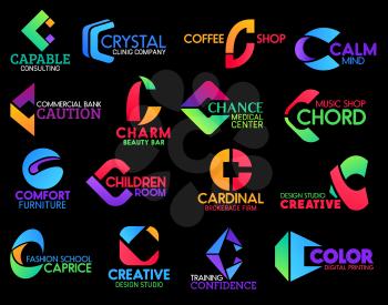 C icons of coffee shop or cafe sign, commercial bank and creative design studio. Vector corporate identity letter C symbols of beauty bar, digital printhouse and furniture store or cleaning service