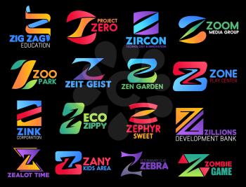 Corporate identity Z icons, brand and business company signs. Zoom, zen or zoo and zero vector Z symbols of education project, technology and innovation or media and veterinary clinic