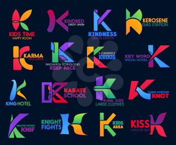 Corporate identity K letter icons, company signs and business symbols. Yoga center, karate school or king size clothes store and tourist inventory, karaoke bar and hotel or technology vector K