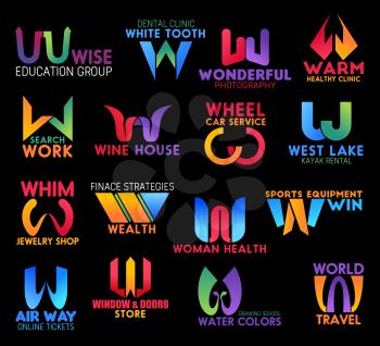 Letter W icons, corporate identity signs of dental clinic, car service or woman health center and sport equipment shop. Vector W window and doors store, education group and travel agency or clinic