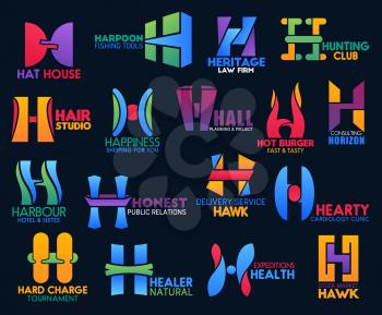 Corporate identity letter H icons of hunting club, fishing tools store or delivery service and business stock market. Public relations company or hair studio and law firm vector H symbols