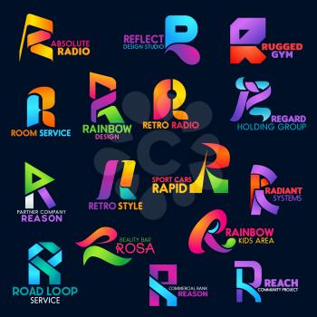Letter R icons design studio, commercial bank or gym and radio. Beauty bar, road construction service or sport car technology and business holding or project company corporate identity vector R signs