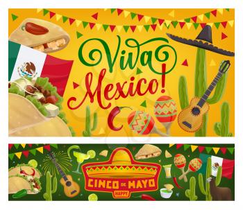 Mexican holiday sombrero, guitar and cactus vector design of Cinco de Mayo fiesta party greeting cards. Mexico flag, tequila margarita and chilli pepper, maracas, tacos, avocado guacamole and alpaca