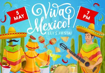 Mexican holiday mariachi with guitar, sombrero and maracas, Cinco de Mayo fiesta party vector invitation. Tequila margarita, cactus and chilli tacos, nachos, avocado and tomato sauce, flags, fireworks