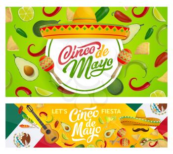Cinco de Mayo holiday sombreros, guitar, maracas and moustaches vector design of Mexican fiesta party. Chilli, tequila margarita and tacos, nachos, avocado and lime, flag of Mexico and fireworks