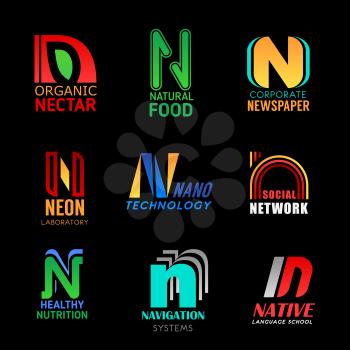Letter N font icons of business company and corporate identity. Organic natural food, newspaper media or neon laboratory and nano technology industry or social network vector N symbols