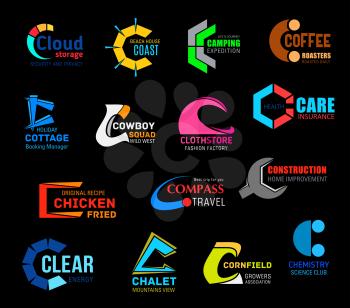 C letter icons and signs vector. Cloud storage and cost, camping, coffee, cottage and cowboy. Cloth store and care insurance, chicken and compass, clear construction, chalet and cornfield, chemistry