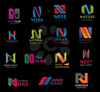 Letter N font modern icons design, business company or technology symbols. Vector N geometric shape of night club, music note or eco nature and navy department or next delivery