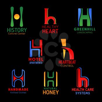 Letter H font modern typography icons of business company abstract symbols. Vector H geometric shape of history center, healthcare medical clinic or landscaping design and hotel apartments