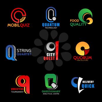 Letter Q icons and signs isolated. Mobil quiz and quantum technology, food quality and string quarter, city quest and quorum solutions. Qualifying tournament and questionary center, quick delivery vector