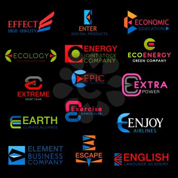 Icons on letter E vector signs symbols isolated. Effect and enter, economic, ecology, eco energy and extreme, epic and extra, earth and exercise, enjoy, escape and english vector creative font icons