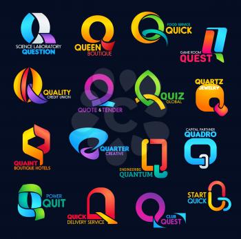 Letter Q font icons modern typography, business company and corporate identity. Science laboratory, fashion boutique or food service and bank finance industry vector Q abstract symbols