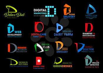 D letter, business identity icons,. Vector nutrition diet and marketing, delivery and diving, development and dental care. Farming and interior design, driving and doctor, dining food and design
