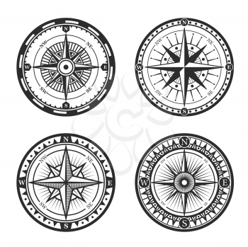 Vintage nautical compass roses or windroses with star shaped map pointers of North, East, South and West wind directions. Marine navigation, navy heraldry and sea travel vector signs design