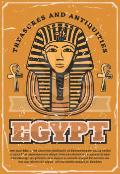 Travel to Egypt poster with ancient egyptian pharaoh Tutankhamen golden death mask in nemes with royal sign of cobra and vulture, plaited beard and symbols of life ankh. Tourism and history vector