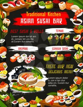 Japanese sushi roll with rice, salmon fish and nori seaweed, seafood, shrimp and avocado, nigiri, uramaki, temaki and gunkan, chopsticks, tea set, soy and wasabi sauce. Asian sushi bar menu vector