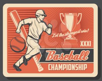 Baseball or softball sport game player with ball, bat and winner trophy cup. Running batter and sporting equipments vector poster of baseball tournament match or championship competition theme