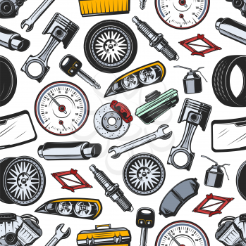 Car spare parts seamless pattern background of auto vehicle details and accessories. Vector piston, engine and spark plug, gear, wrench and starter, wheel, brake and exhaust pipe. Transportation theme