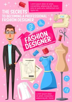 Fashion designer, tailor or dressmaker cartoon man with mannequin, dress and sewing machine. Vector thread, needle and scissors, clothing pattern and dummy, atelier studio and craft industry theme