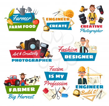 Professions vector icons of farmer, construction engineer and photographer, fashion designer, builder and tailor. People occupations of construction, farming, fashion and photography industries