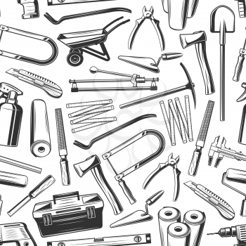 Work tools seamless pattern background with construction and house repair equipments and instruments. Vector hammer, wrench and paint roller, trowel, toolbox and shovel, axe, tape measure and ruler