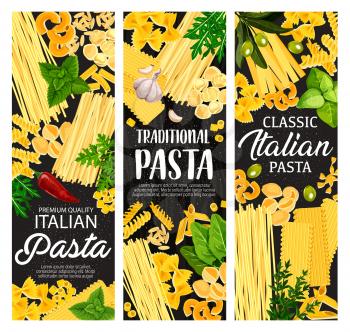 Pasta with Italian spices and herbs. Vector spaghetti, macaroni and penne, farfalle, fusilli and fettuccine, tortelline, conchiglie and tagliatelle, lasagna, cannelloni and orzo with basil and olives