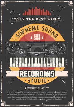 Sound and music recording studio retro poster of electric piano keyboard and sound equalizer wave with vinyl record on background. Professional equipments of musician, singer and speaker vector theme