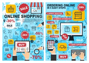 Online shopping internet business concept with step by step chart of web store ordering process. Vector computer, mobile phone, laptop and tablet with money, gift and shopping basket thin line icons