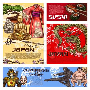 Japan travel posters with japanese culture symbols. Buddha statue, dragon and pagoda temple, sushi, bonsai and sakura, kimono and samurai, ninja, sumo wrestler and theater noh mask vector sketch