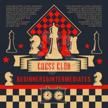 Chess board game sport club poster with vector pieces and chessboard. Knight, rook and pawn, queen, bishop and king with clock on board. Chess tournament or competition event design