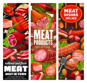 Sausage and meat food products with beef steak, pork loin and ham, salami, bacon and chicken leg, lamb ribs, burger patty and pepperoni on wooden background. Butcher shop barbecue delicatessen vector