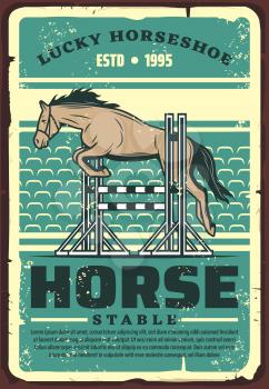 Equestrian sport dressage show jumping retro poster with horse leaping over fence on outdoor arena or hippodrome. Riding club, horse racing and equestrian competition event vector design
