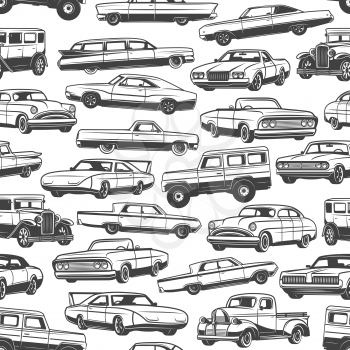 Cars and vintage auto seamless pattern background of retro vehicle models. Vector sedan, sport coupe and hatchback, pickup, van and sport utility vehicle black and white backdrop. Transportation theme