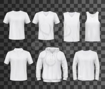 Shirts template of white blank t-shirt, polo and hoodie, tank top, sweatshirt, long sleeve and sleeveless tshirts mockup. Front view of sport clothes and uniform, advertising or promotion vector theme