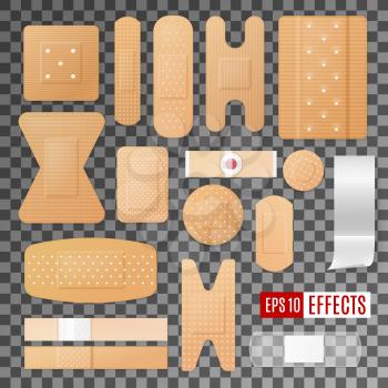 Medical plaster, first aid bandage, band and patch 3d vector icons. Different types of adhesive and breathable wound dressing, injury tapes and corns strips on transparent background. Healthcare theme