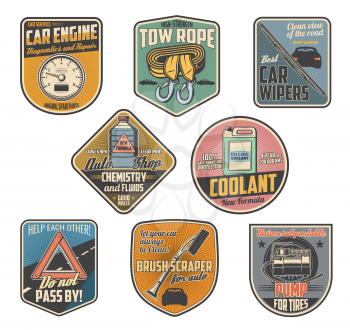Car accessories retro badges with auto parts of vehicle repair service and auto shop. Motor oil, automobile engine coolant and wipers, tow rope, tire air compressor and speedometer vector icons design