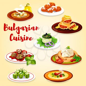 Bulgarian cuisine beef meat soup with pepper, stuffed cucumber vegetable with bryndza cheese and yogurt salad. Vector meatball, eggplant pate, lemon cake and cinnamon buns pastry desserts