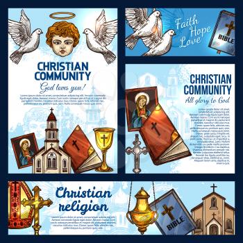 Christian religion sketch posters with symbols of Christianity, Catholicism and Orthodoxy. Holy Bible Book, church and crucifix cross, saint icon, angel with halo, chalice and dove birds vector design