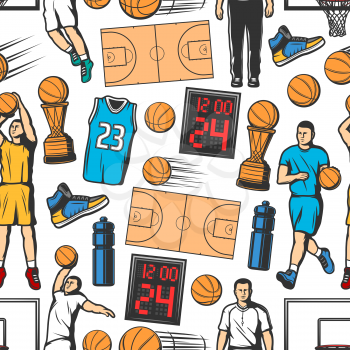 Basketball seamless pattern background with players and sport items. Orange ball, winner trophy cup and court, basket hoop, scoreboard, uniform jersey and sneakers. Sporting backdrop vector design