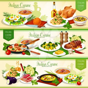 Italian pasta dishes with meat, fish and vegetables. Vector spaghetti, linguine and penne with cheese, tomato and pesto sauce, meatball and broccoli, baked pork, soups, tuna salad with egg and olives