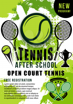 Tennis sport ball, rackets and winner trophy cup halftone poster. Open court tennis school trainings announcement or sporting tournament promotion vector theme