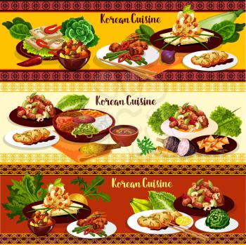 Korean dishes of rice bibimbap, bbq beef bulgogi with mushrooms and kimchi pork meat stew, green onion pancake, fried tofu with vegetables and ginger cookie. Asian cuisine food vector design
